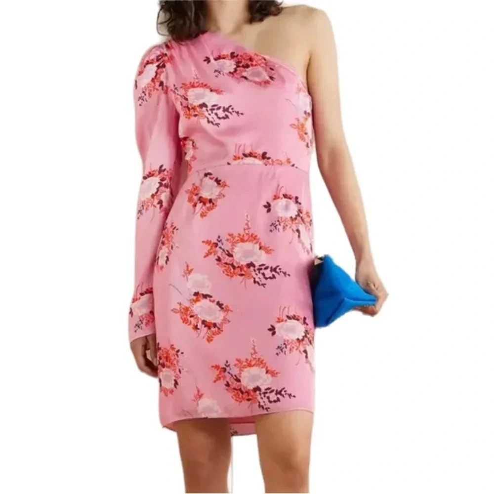 Les Reveries Dress One-Sleeve in Pink Gardenia Matte Satin Size 4 NWT